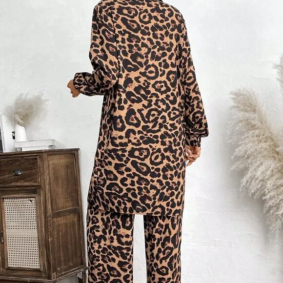 Multicolor Casual Women's Loose Fit Leopard Print Blouse & Pants Set - Picture 2 of 6